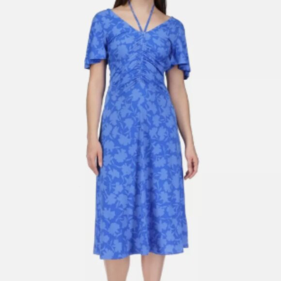 NEW Michael Kors Womens M Floral-Print Ruched Midi Grecian  Flare Sleeve Dress - Picture 1 of 12